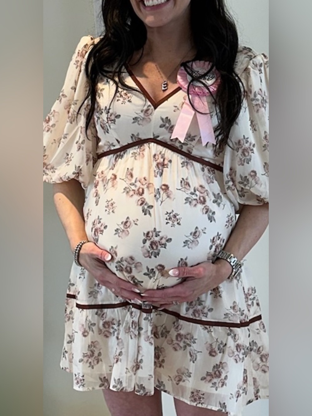 Polagram Cream Dress with Brown Trim and Dusty Rose Floral